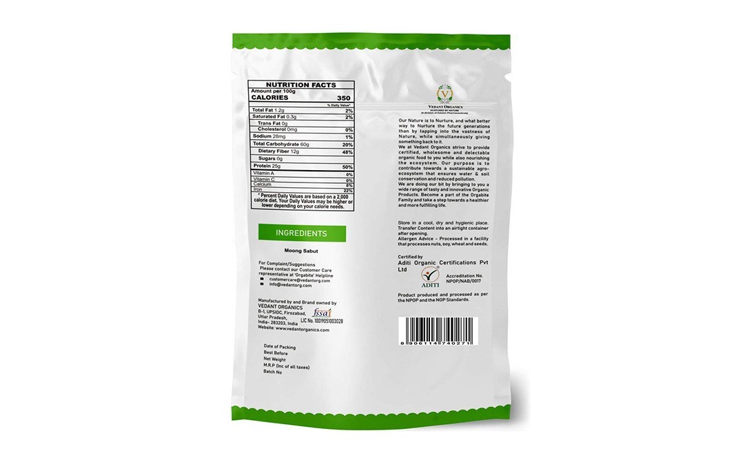 Orgabite Organic Moong Sabut    Pack  500 grams